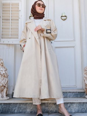 Oversize Kuşaklı Uzun Trençkot Taş Oversize Kuşaklı Uzun Trençkot Taş