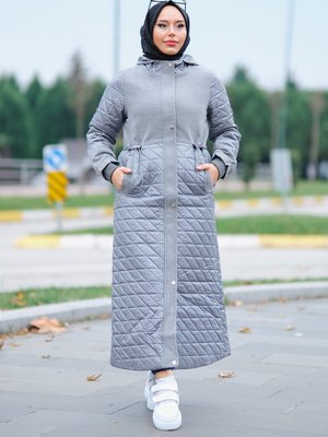 Gri Deri Detaylı Kapitone Kaşe Kaban Gri Deri Detaylı Kapitone Kaşe Kaban