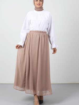 Beli Lastikli Şifon Etek Bej Beli Lastikli Şifon Etek Bej