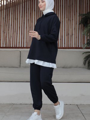 Losya Yanları Fermuarlı Kapüşonlu İkili Takım Koyu Lacivert Losya Yanları Fermuarlı Kapüşonlu İkili Takım Koyu Lacivert