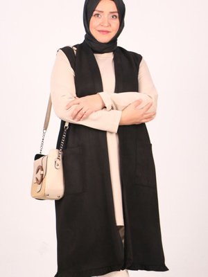 Siyah Büyük Beden Cep Detaylı Nubuk Yelek