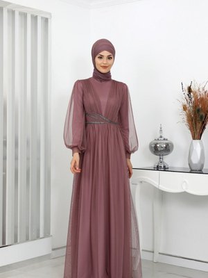 Boncuk Deyatlı aysima Abiye Elbise Gül Kurusu