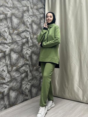 Garnili Kapüşonlu Eşofman Takımı Haki Garnili Kapüşonlu Eşofman Takımı Haki