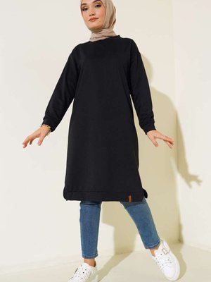 Yanları Yırtmaçlı Basic Uzun Tunik Siyah
