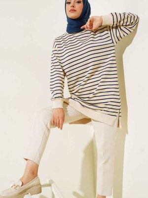 İki İplikli Tunik Çizgili Sweatshirt