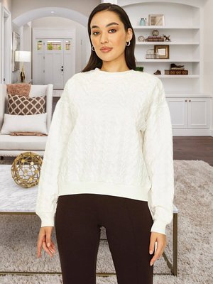 Ekru Bisiklet Yaka Örme Sweatshirt