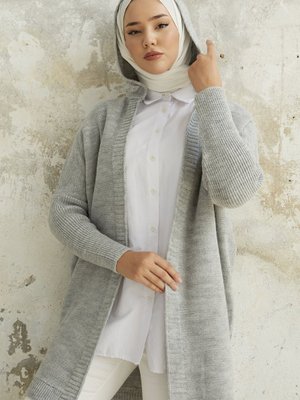 Kitty Kapüşonlu Triko Hırka Gri