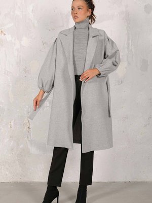 Gri Kuşaklı Balon Kol Kaşe Kaban