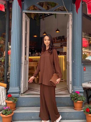 Bürümcük Yarasa Kollu Tunik Pantolon Takım Kahverengi