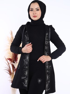 Taş Detaylı, Kapişonlu, Fermuarlı Iplik Spor Siyah Tunik Eşofman Takımı