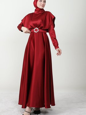 Kemeri Taşlı Kloş Elbise Bordo
