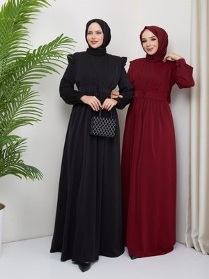 Düğme Detaylı Omzu Fırfırlı Büyük Beden Uzun Abiye