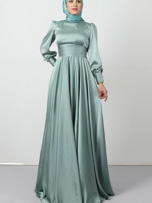 Beli Pileli Saten Abiye Elbise Mint