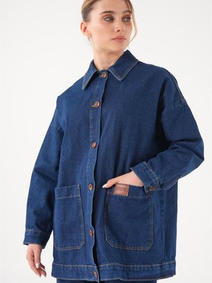 Oversize Deri Etiketli Koyu Mavi Denim Ceket Oversize Deri Etiketli Koyu Mavi Denim Ceket