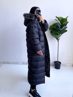 Kapüşonlu Kürklü Uzun Şişme Mont Siyah
