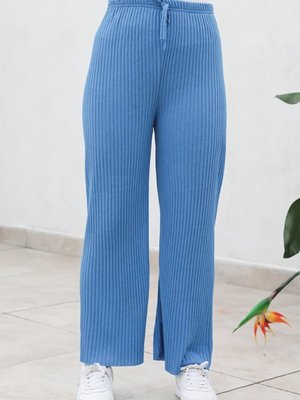 Sebla Bol Paça Fitilli Triko Pantolon Mavi