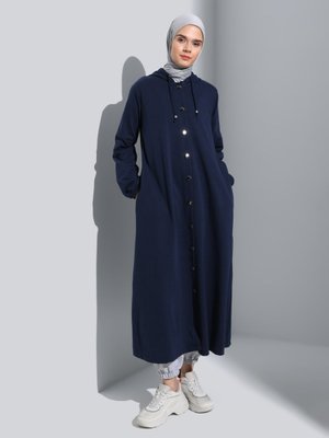 Lacivert Kapüşonlu Düğme Detaylı Pardesü
