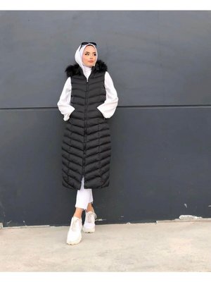 Siyah Kapüşonlu Tam Dolum Elyaf Şişme Yelek