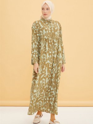 Manset Detaylı Oversize Elbise Zeytinyağı