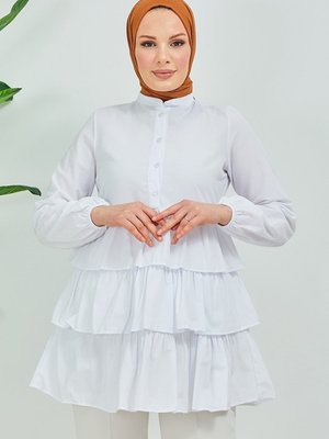 Birsu Kat Kat Fırfırlı Tunik Beyaz