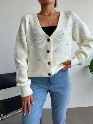 Taş Detaylı Triko Hırka Ekru Taş Detaylı Triko Hırka Ekru