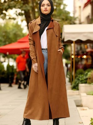 Kemerli Tam Boy Süet Trençkot