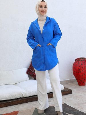 Selen Çift Cep Kapüşonlu Kapitone Kap İndigo