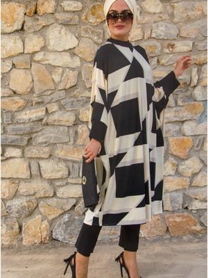 Ekru Siyah Kareli Oversize Tunik