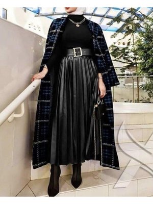 Tesettür Deri Görünümlü Pliseli Etek