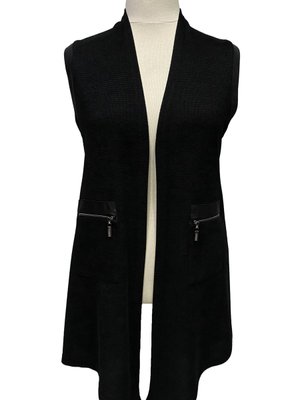 Siyah Deniz Ön Açık Asimetrik Kesim Çift Cepli Şönil Kadife Deri Detay Yelek