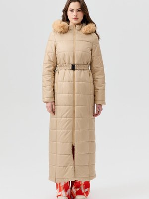 Kemerli Uzun Kapitone Manto Bej