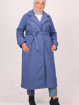 İndigo Büyük Beden Manşetli Kıvırcık Kuzu Kaban