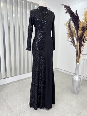 Pul Payetli Açelya Abiye Elbise Siyah