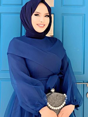 Lacivert Kuşaklı Tüllü Abiye Elbise T