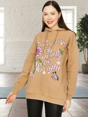 Kahverengi Camel Kapüşonlu Baskılı Hoodie