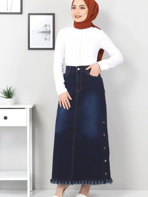 Yanları Çakımlı Kot Etek Koyu Mavi
