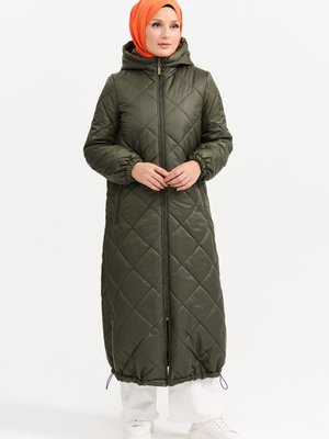 Haki Kapüşonlu Cep Detaylı Fermuarlı Kapitone Kaban