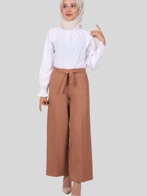 Camel Önü Kuşaklı Geniş Paça Diagonel Pantolon
