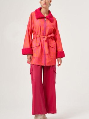 Peluş Detaylı Desenli Kap Ceket Fuşya