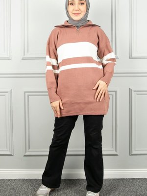 Gül Kurusu Çizgili Yarım Fermuarlı Triko Tunik