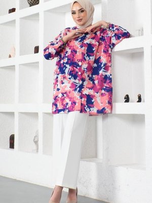 8890 Desenli Tesettür Gömlek Fuşya