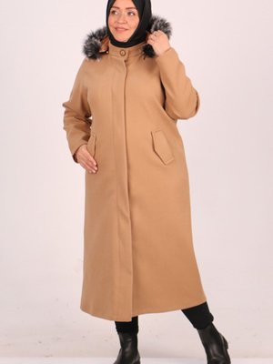 Vizon Büyük Beden Düğmeli Çıkarılabilir Kapüşonlu Kaşe Kaban