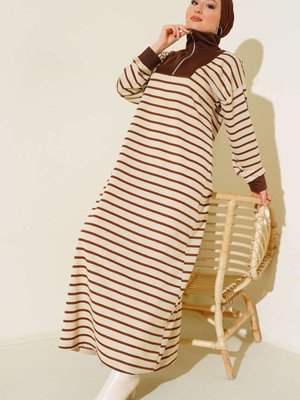 Yaka Fermuarlı Çizgili Elbise Kahverengi