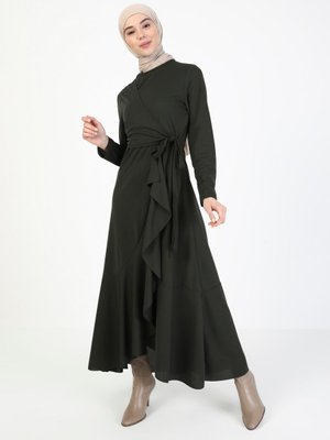 Haki Fırfır Detaylı Elbise