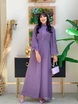 Dantel İşleme Detay Kol Manşetleri Lastikli Şifon Tulum Lila