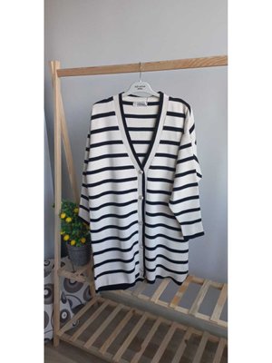 Çift Çizgili Gold Düğmeli Uzun Hırka Vanilya Siyah