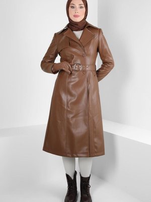 Kemerli Suni Deri Trençkot