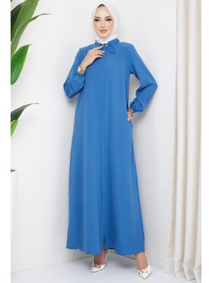 İndigo Yaka Bağcıklı Gizli Patlı Ayrobin Ferace İndigo Yaka Bağcıklı Gizli Patlı Ayrobin Ferace