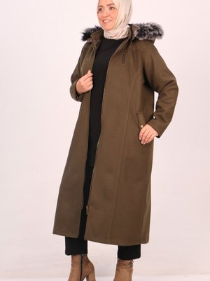 Haki Büyük Beden Fermuarlı Kaşe Kaban