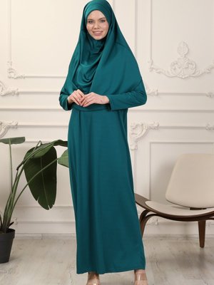 Zümrüt Tek Parça Kolay Kullanımlı Kendiliğinden Başörtülü Namaz Elbisesi